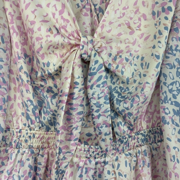 Express Womens Small Tie Back Peplum Top Purple Abstract Print Satin Long Sleeve - Picture 7 of 11